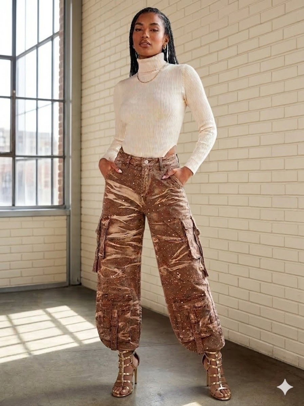 American Bazi Brown Tiger-Stripe Camouflage Rhinestone Cargo Pants